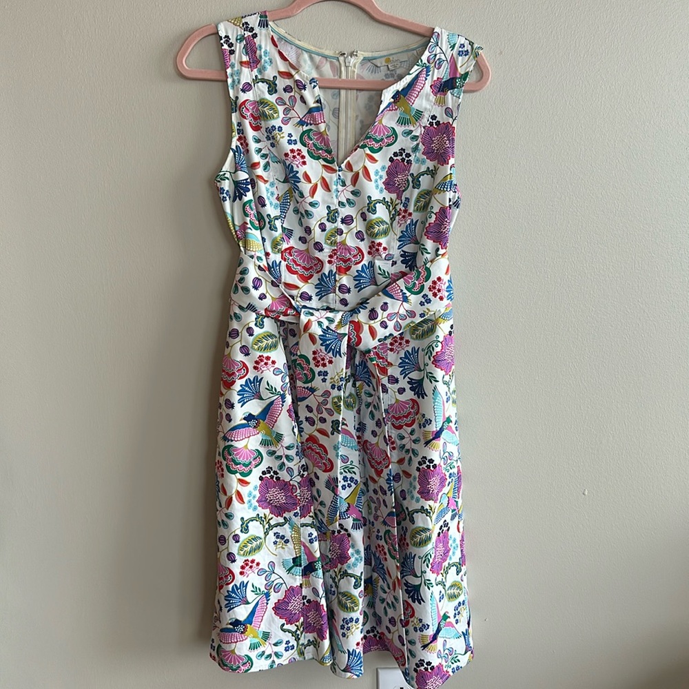Boden Pink Floral Bird Colorful Print Fit & Flare Belted Dress US 6R UK 10R
